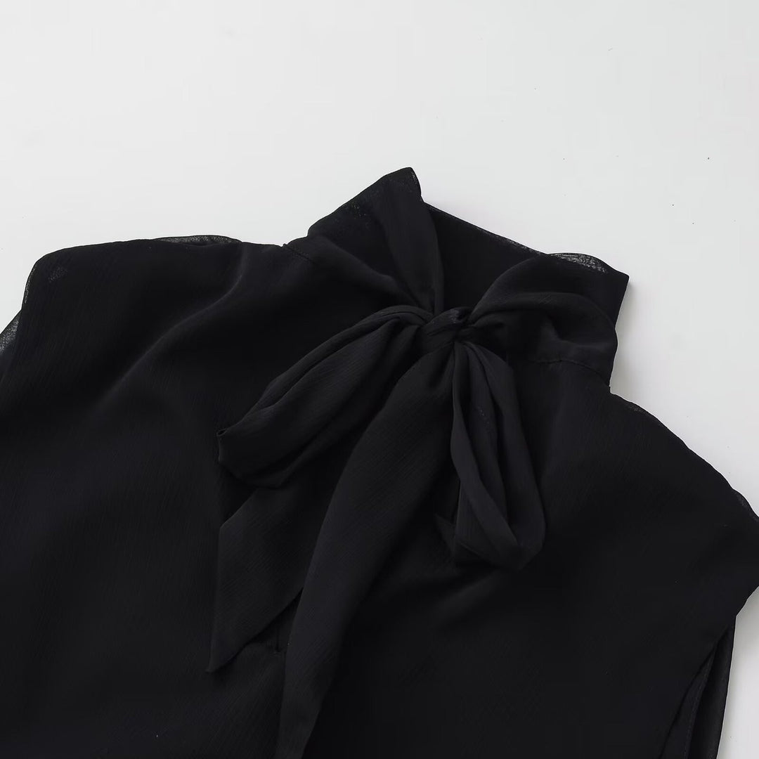 Women Sleeveless Chiffon Blouse with Bow Collar and Elastic Hem Mune Fashion
