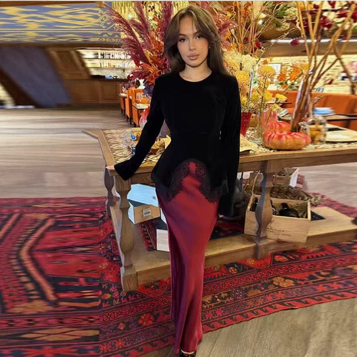 Ladies Elegant Velvet Top with Lace Trim and Curved Hem Mune Fashion