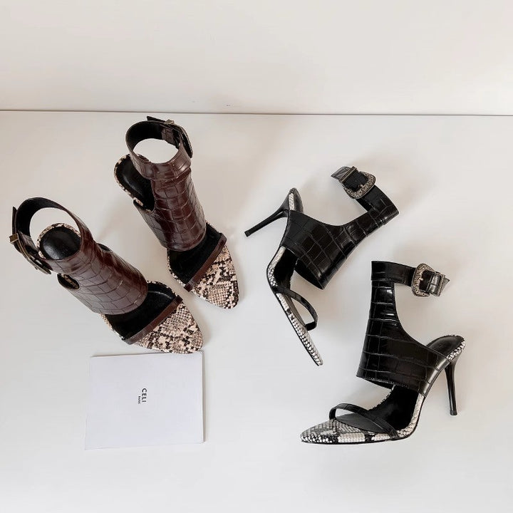 Women's sandal with high stiletto, wide croc ankle strap and pointed snake skin look toe cap Mune Fashion