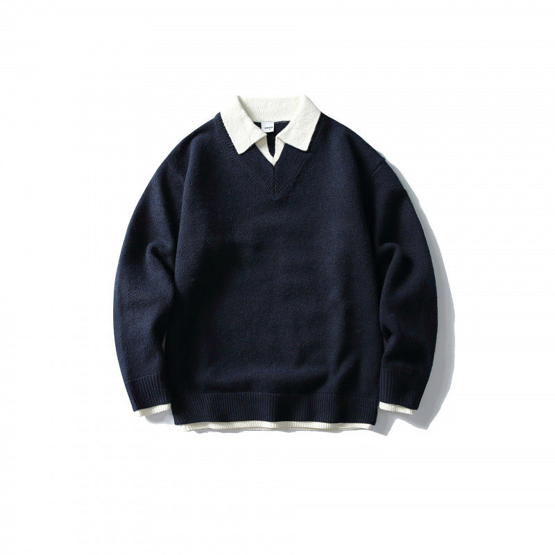 Unisex Oversized Knit Sweater with Contrasting Polo Collar and V-Neck Mune Fashion