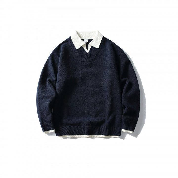 Unisex Oversized Knit Sweater with Contrasting Polo Collar and V-Neck Mune Fashion