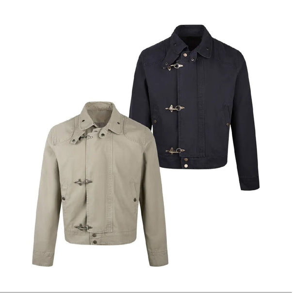 Men's Fashionable Short Jacket with Innovative Buckles and Practical High-Collar Mune