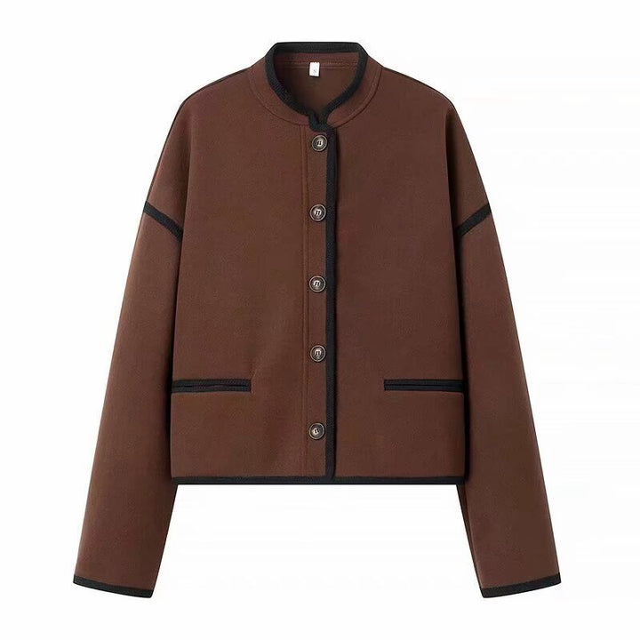 Women's short jacket with round neck, boxy cropped silhouette and contrast piping Mune Fashion