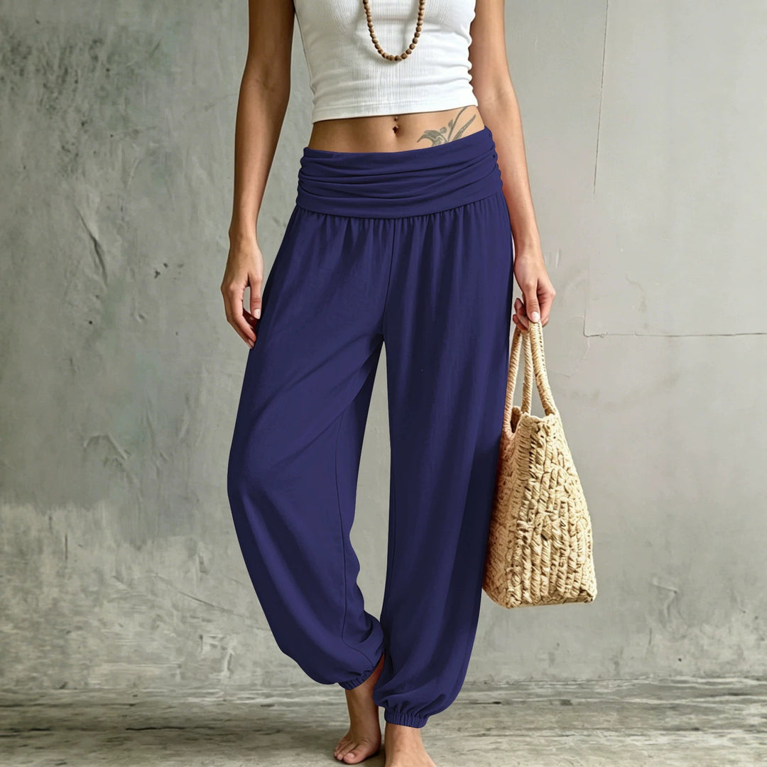 Women's Palazzo-Harem Pants with Gathered Wraparound Waist and Elastic Cuffs Mune Fashion