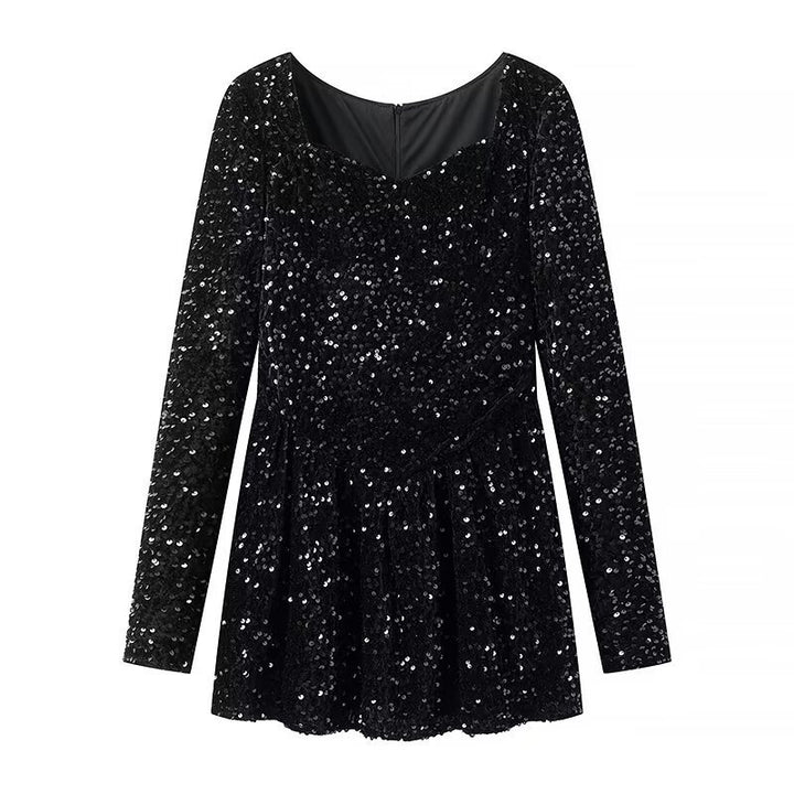 Women's Sequin-Embellished Velvet Mini Dress with Flattering Corset and Flared Skirt Mune Fashion