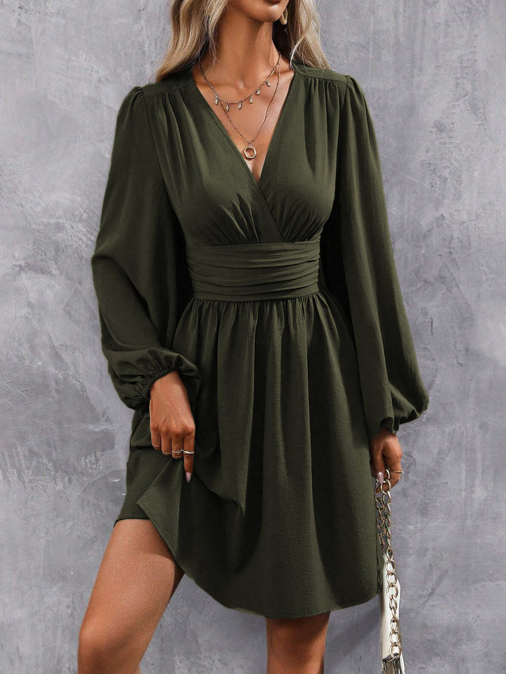 Women Knee-Length Wrap Dress with Elegant Puff Sleeves Mune