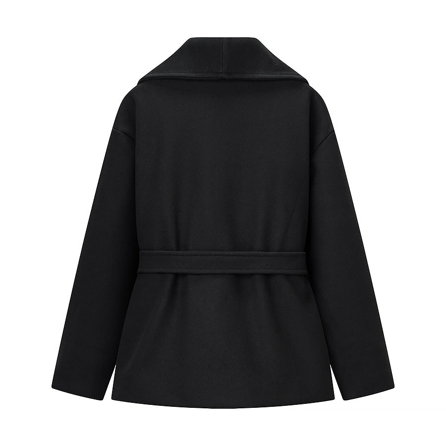 Women's Short Wool Blend Coat with Wide Shawl Collar and Waist Belt Mune Fashion
