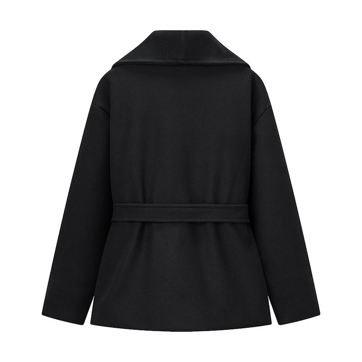 Women's Short Wool Blend Coat with Wide Shawl Collar and Waist Belt Mune Fashion