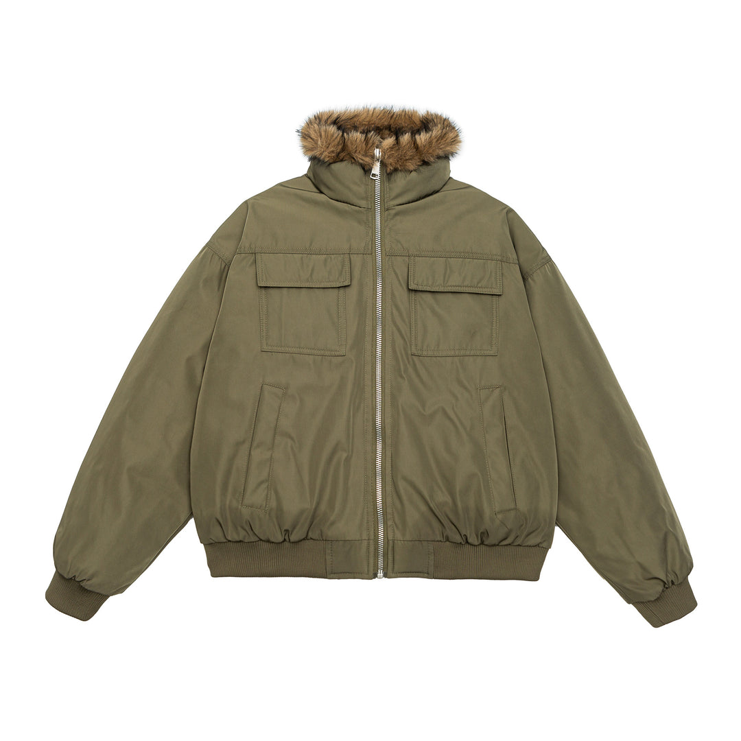 Men's Quilted Short Bomber Jacket with Removable Faux Fur Hood and Patch Front Pockets Mune Fashion