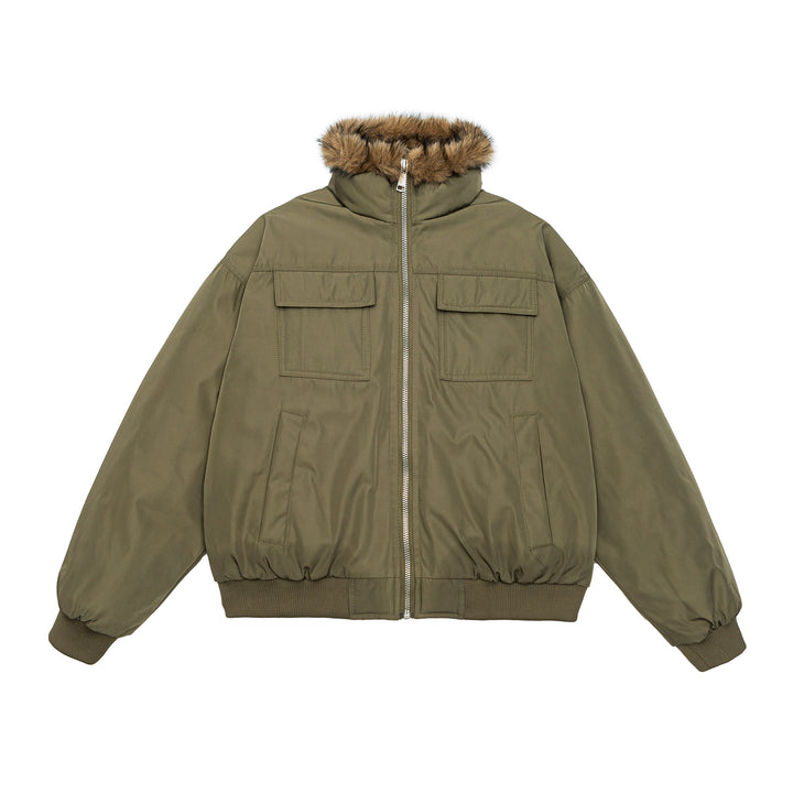 Men's Quilted Short Bomber Jacket with Removable Faux Fur Hood and Patch Front Pockets Mune Fashion