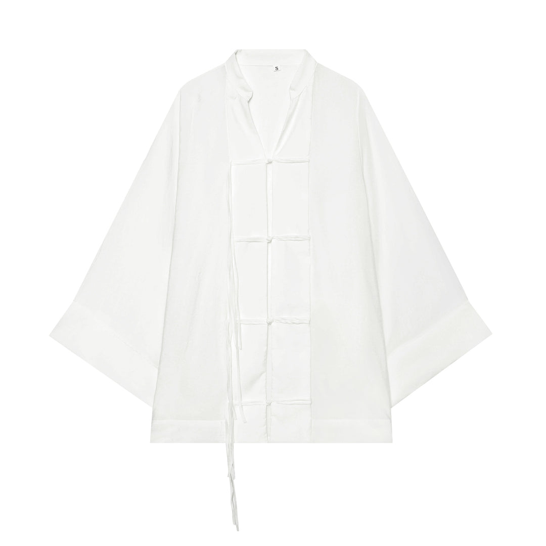 Women's Kimono-Cape Jacket with Chinese Button Closure and Long Tassels Mune Fashion