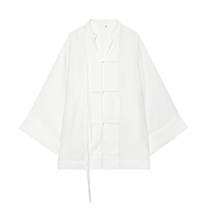 Women's Kimono-Cape Jacket with Chinese Button Closure and Long Tassels Mune Fashion