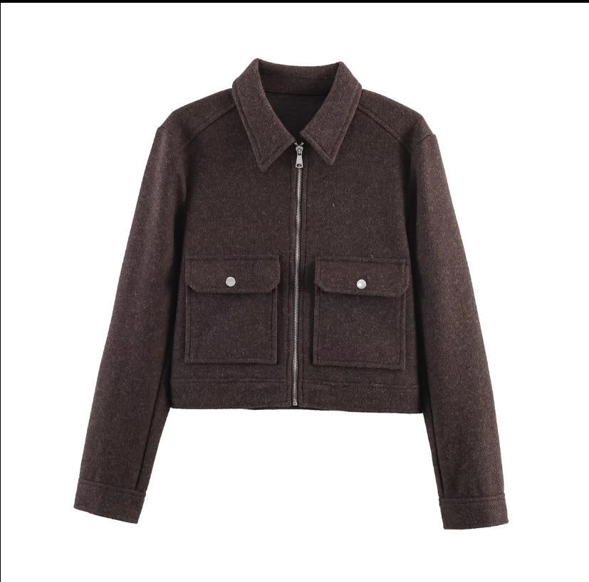 Women's short boxy wool jacket with full zip and patch pockets Mune Fashion