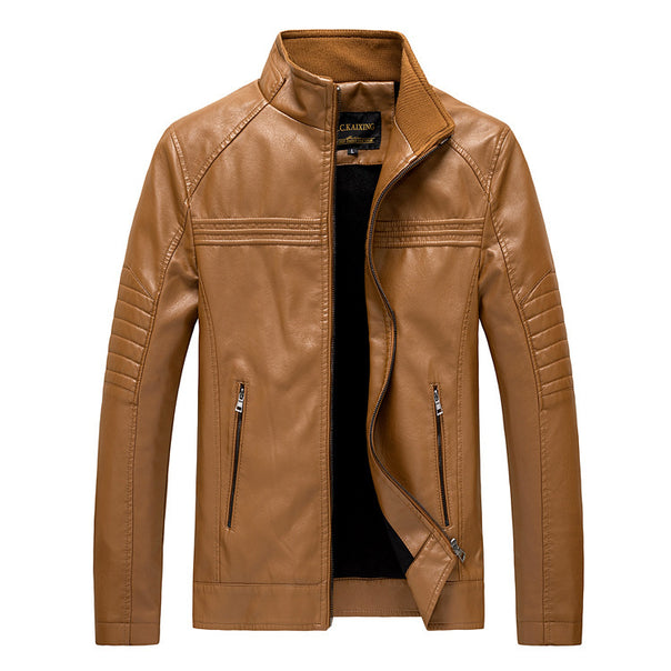 Men's Slim-Fit Faux Leather Moto Jacket with Stand-Up Collar and Quilted Sleeve Yoke Mune Fashion