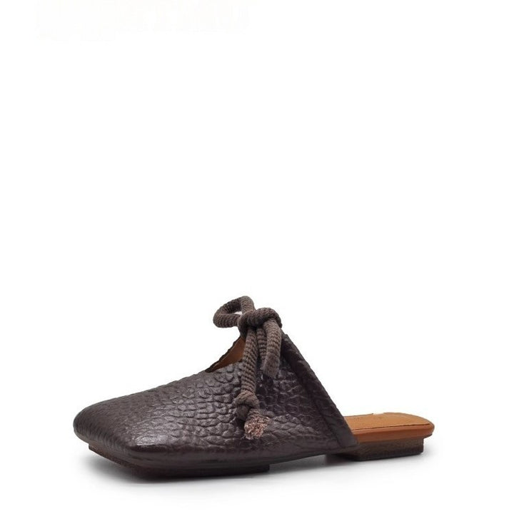 Women's Square Leather Mules with Knotted Rope Loop and Textured Surface Mune Fashion
