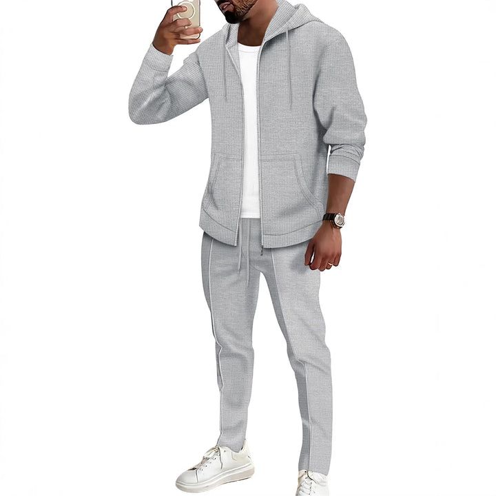 Men's waffle texture tracksuit with hooded zip jacket and tapered jogging pants Mune Fashion