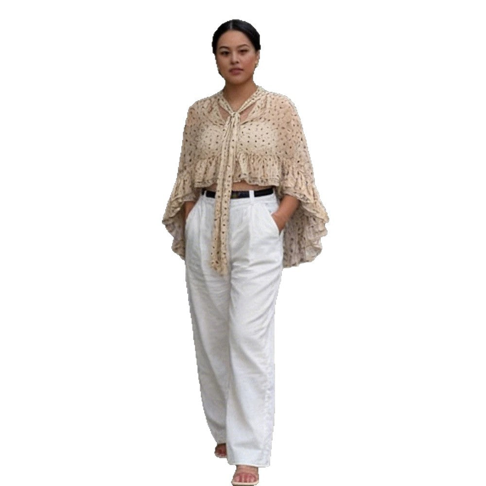 Women’s transparent polka dot chiffon cropped blouse with tie band, ruffles and cape cut Mune Fashion