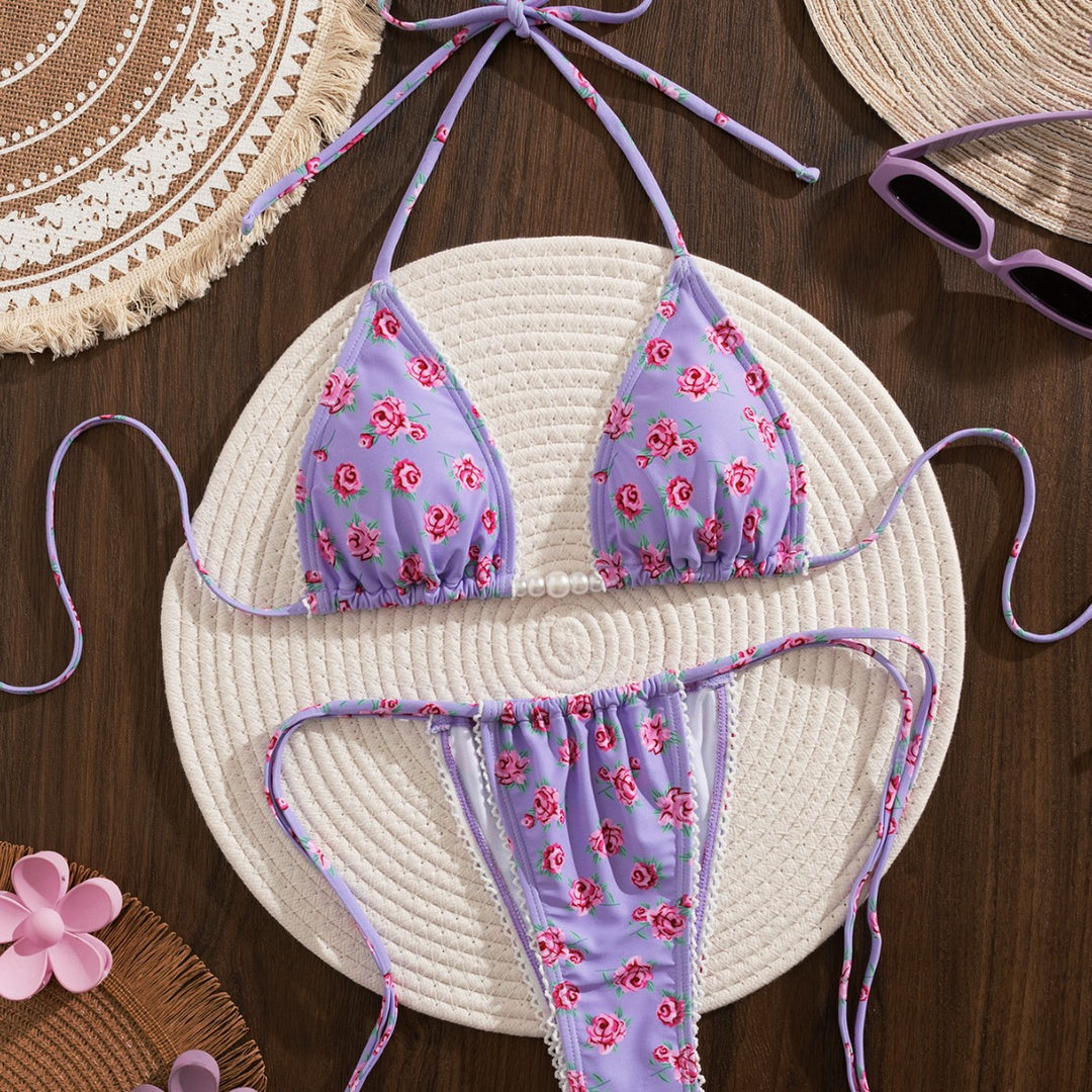 Women Triangle Bikini with Floral Print and Playful Ruffles Mune Fashion
