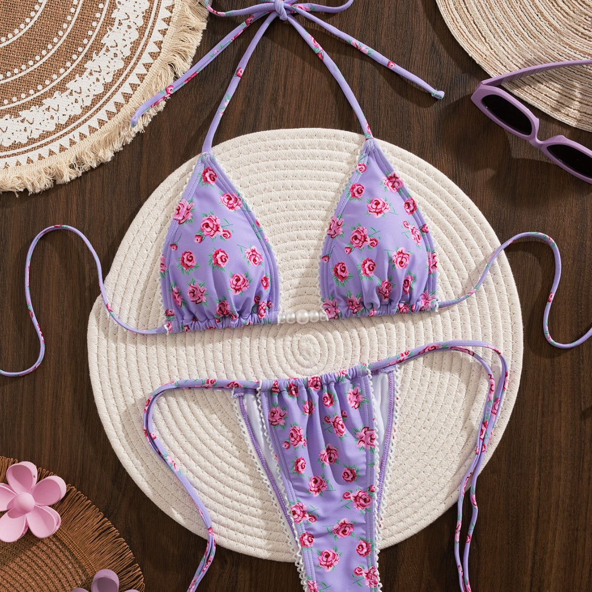Women Triangle Bikini with Floral Print and Playful Ruffles Mune Fashion