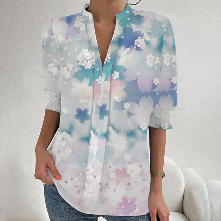 Women Floral Print Tunic Blouse with Stand Collar, Slit V-Placket and Gathered 3/4 Sleeves Mune Fashion