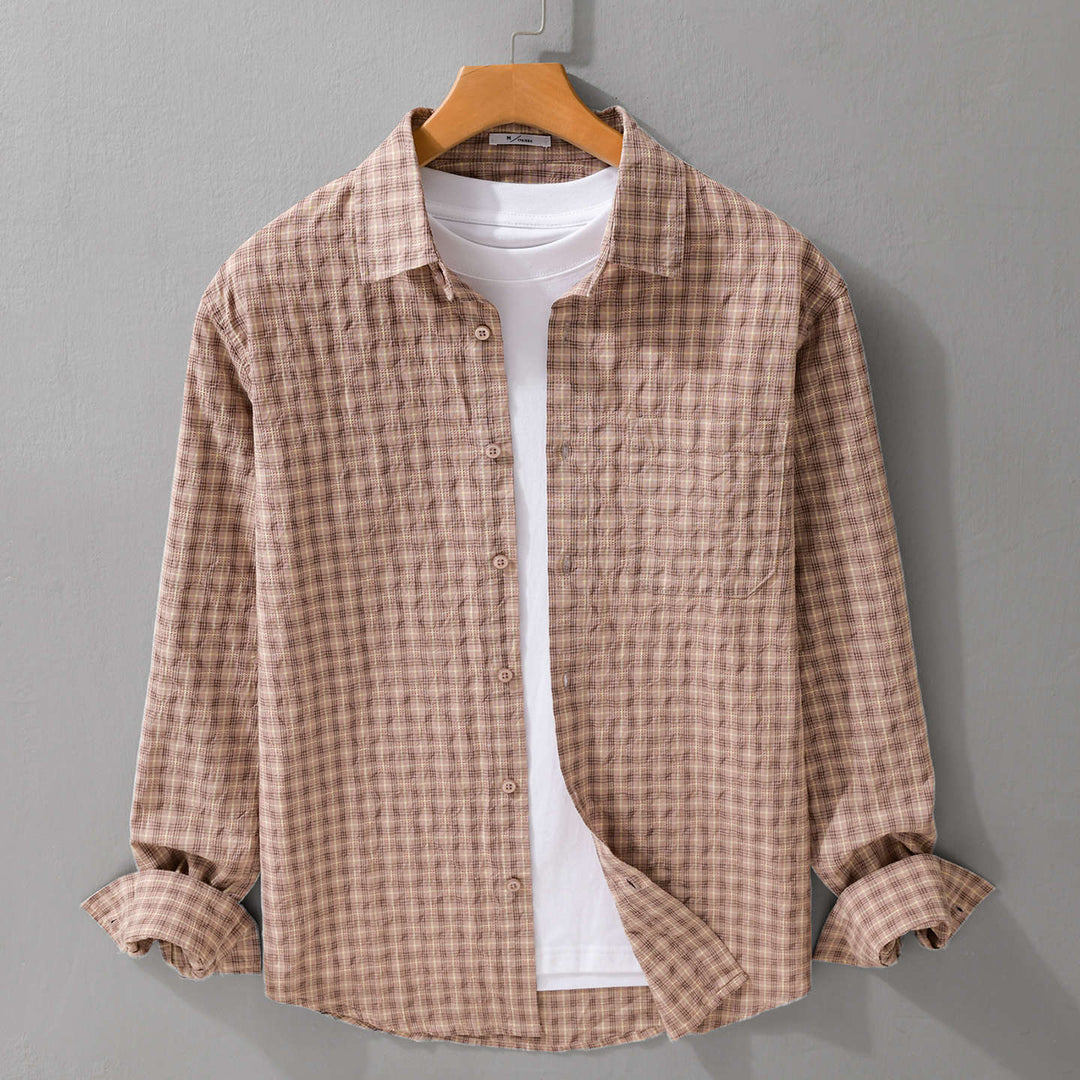 Men's Lightweight Checked Seersucker Shirt with Chest Pocket and Relaxed Fit Mune Fashion