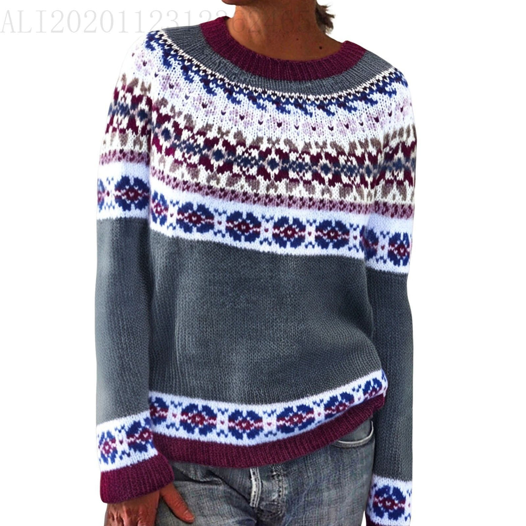 Women's gray marled round neck sweater with circular jacquard yoke and ribbed hem Mune Fashion