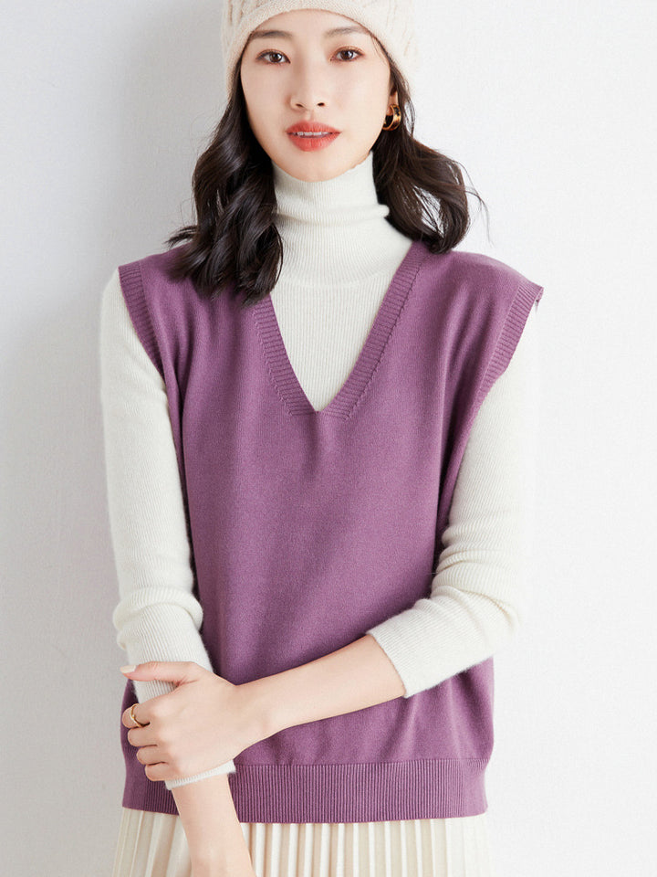 Women's Oversized V-neck Fine Knit Vest with Ribbed Hem Mune Fashion