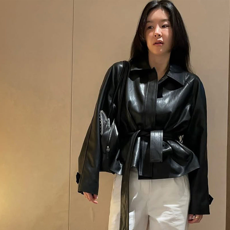 Women's Tailorable Faux Leather Jacket with Wrap Belt and Boxy Silhouette Mune Fashion