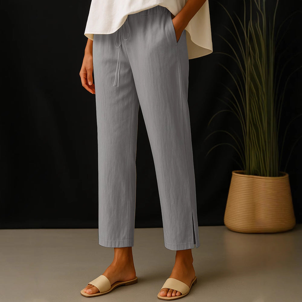 Women's Casual Chino Linen Look Culotte with Elastic Drawstring Waist and Side Pockets Mune Fashion