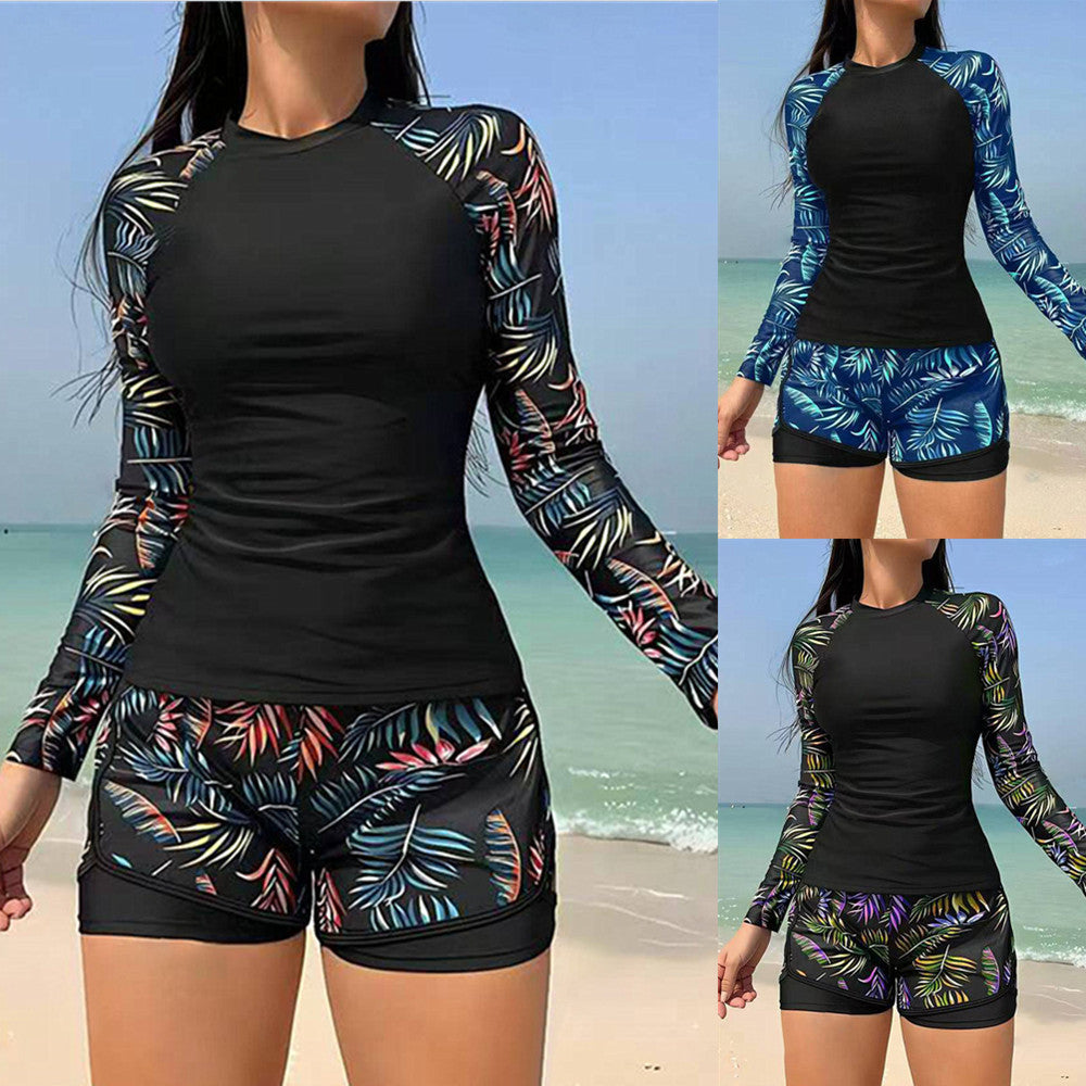 Women's Sporty Long Sleeve Rashguard with Colorful Leaf Design Mune Fashion