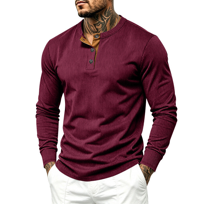Men's Long Sleeve Ribbed Knit Henley Shirt with Button Placket and Round Neck Collar Mune Fashion