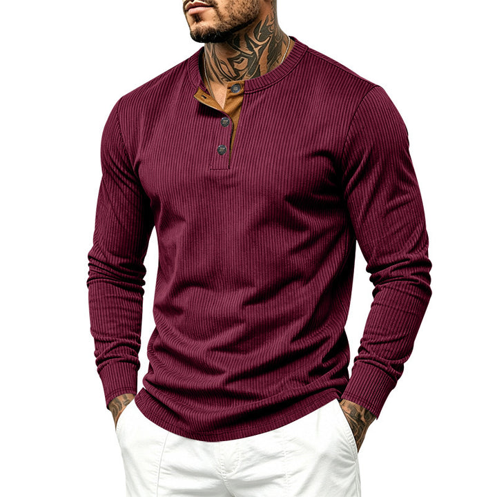 Men's Long Sleeve Ribbed Knit Henley Shirt with Button Placket and Round Neck Collar Mune Fashion