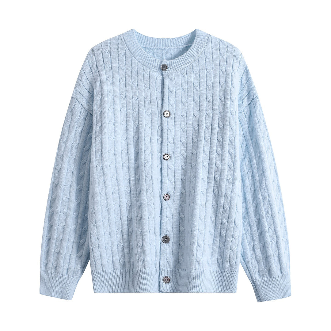 Women's chunky knit cardigan with cable pattern, round neck and continuous button placket Mune Fashion