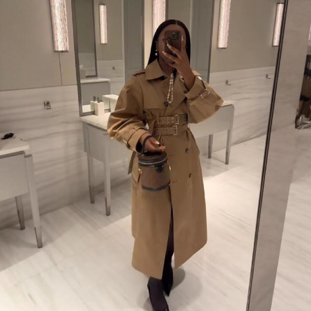 Women's Long Double-Breasted Trench Coat with Tailored Double Belt, Balloon Sleeves and Epaulettes Mune Fashion