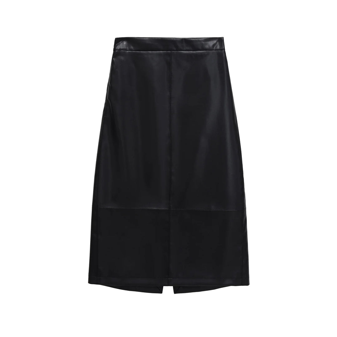 Women's tailored midi skirt in leather look with a high waistband, dividing seams, and back slit Mune Fashion