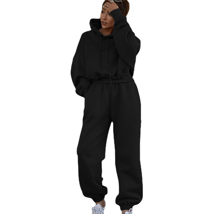 Women's short oversized hoodie set with elastic high-waist joggers made of cotton fleece Mune Fashion
