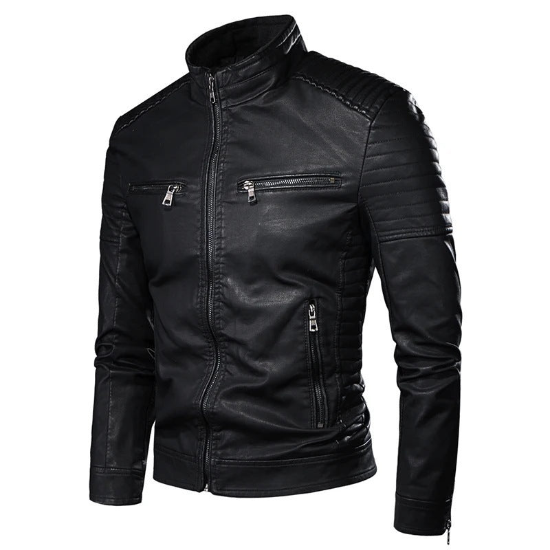 Men's Slim-Fit Biker Leather Jacket with Stand Collar and Quilted Shoulder Area Mune Fashion