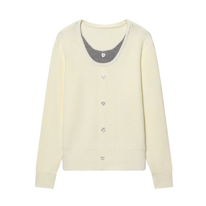 Women's two-layer fine knit cardigan with integrated under top and heart buttons Mune Fashion