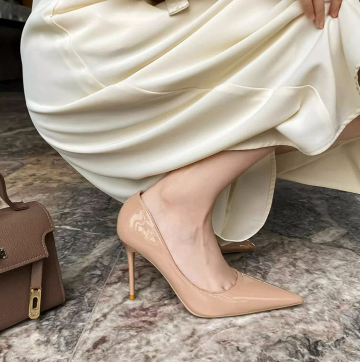 Ladies Elegant Patent Pumps with Pointed Stiletto Heel and Padded Insole Mune Fashion