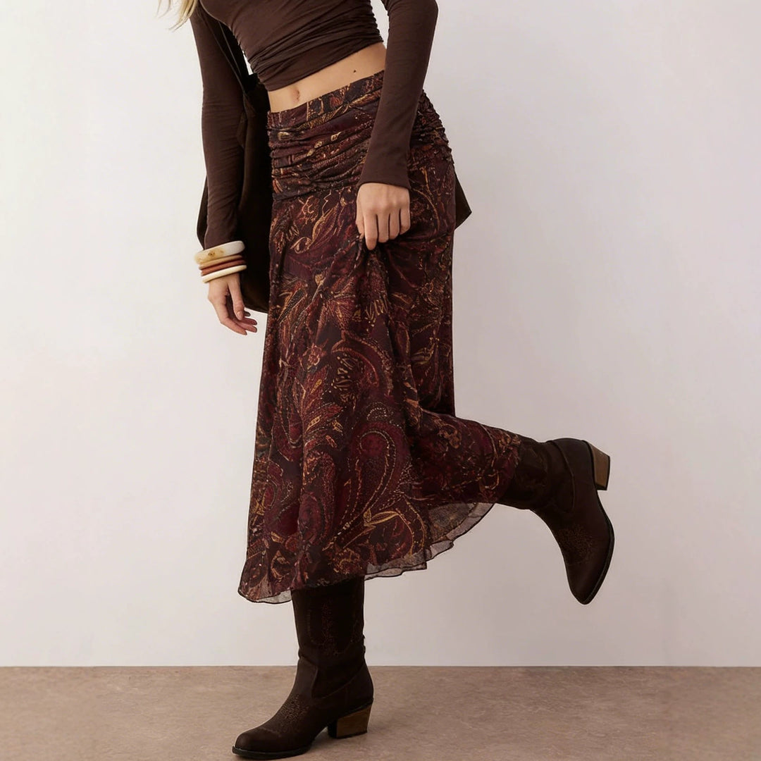 Women’s midi skirt in boho style with gathered waistband and paisley print Mune Fashion