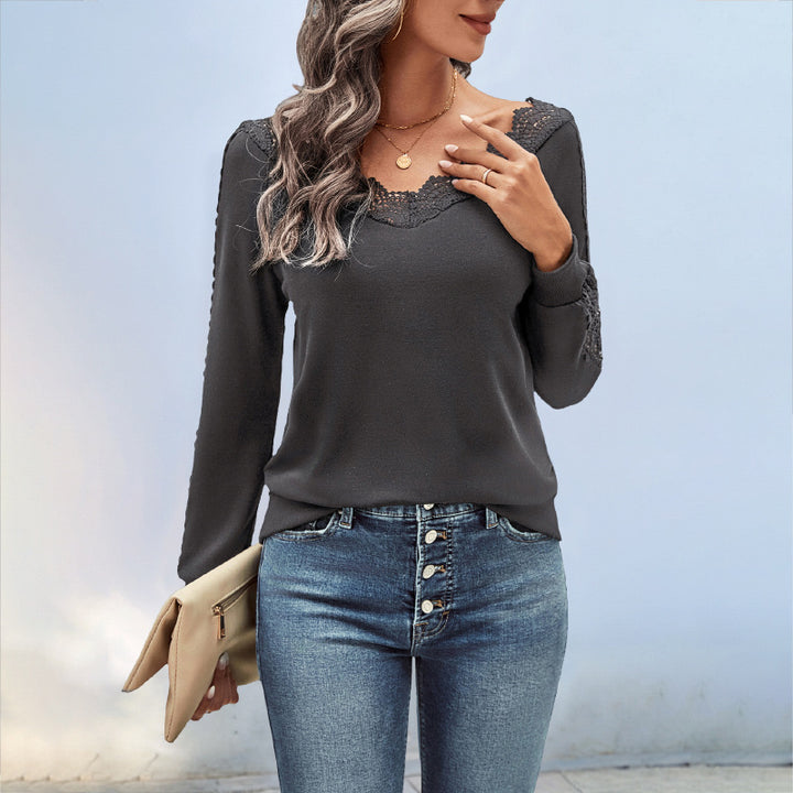 Ladies Elegant Knit Top with Lace Accents Mune Fashion