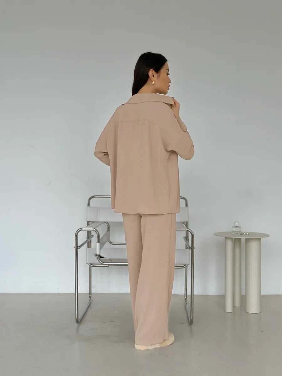 Women Two-Piece Lounge Set Oversize Blouse with Chest Pocket and Wide Palazzo Pants Mune Fashion