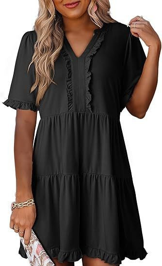 Women's lightweight swing dress with V-neck, tiered skirt and delicate ruffles Mune Fashion