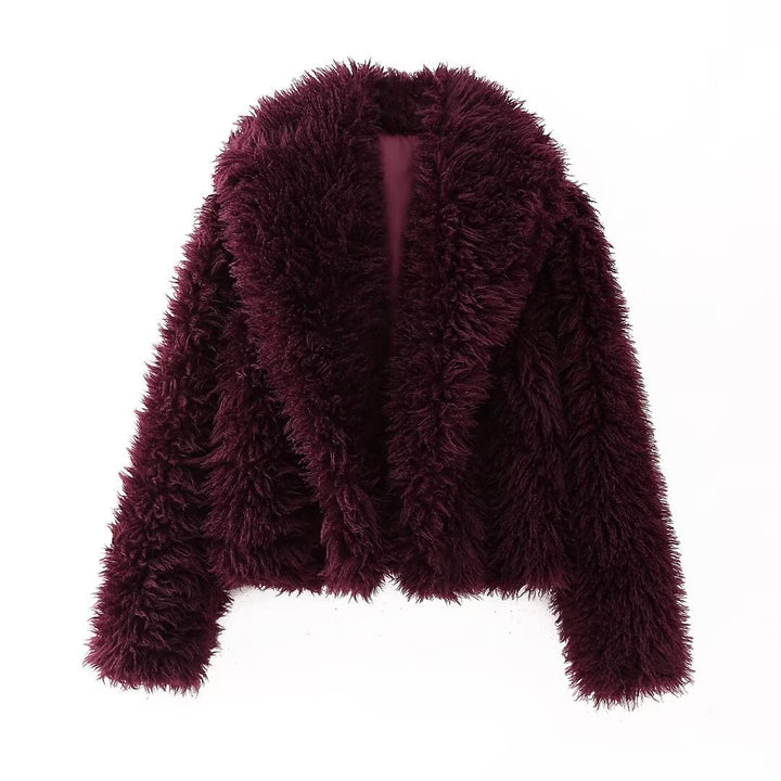 Women's short cozy faux fur cropped jacket with generous shawl collar and open front Mune Fashion