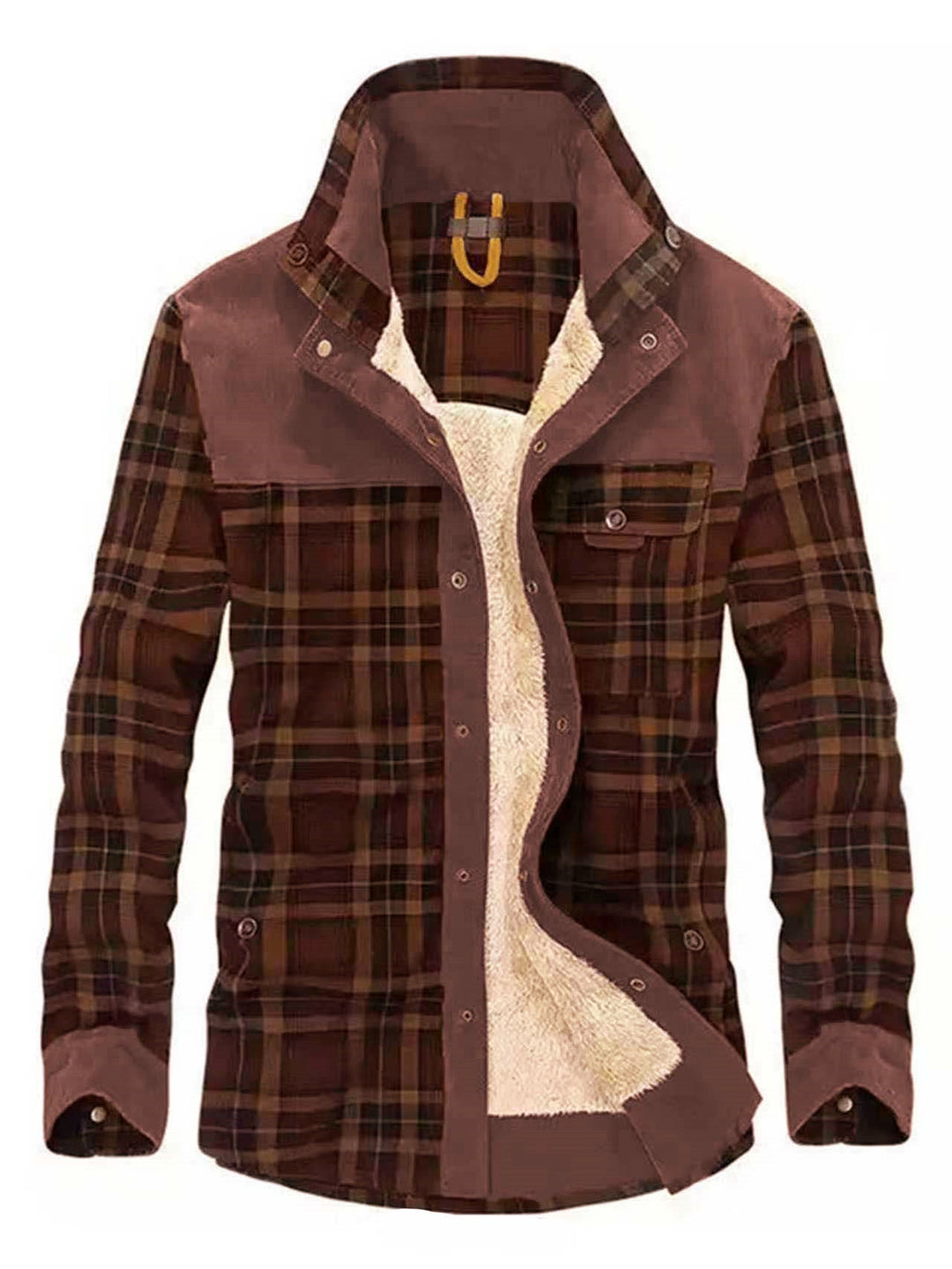 Men's Checkered Shirt Jacket with Teddy Lining and Suede Imitation Trimming Mune Fashion