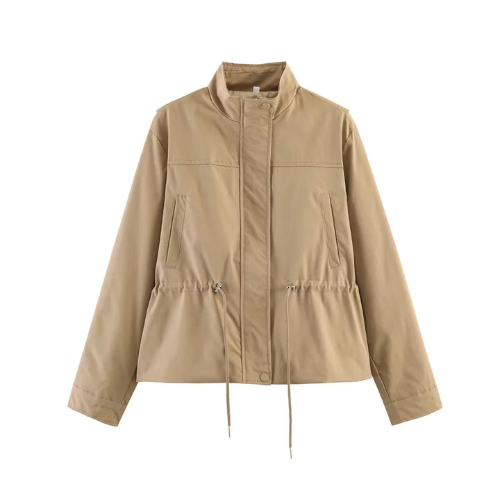 Women's tailored transitional jacket with stand-up collar, drawstring waistband and concealed front placket Mune Fashion