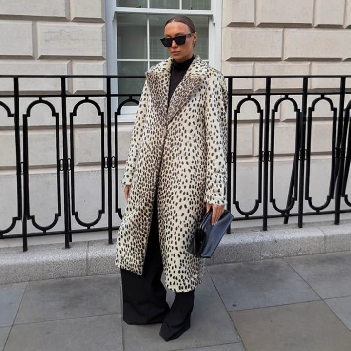Women Mid-length Faux Fur Coat with Distinctive Spot Pattern and Lapel Collar Mune Fashion