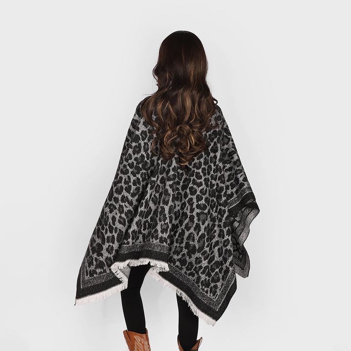 Women Jacquard Cape Poncho with Leo Structure and Fringe Hem Mune Fashion