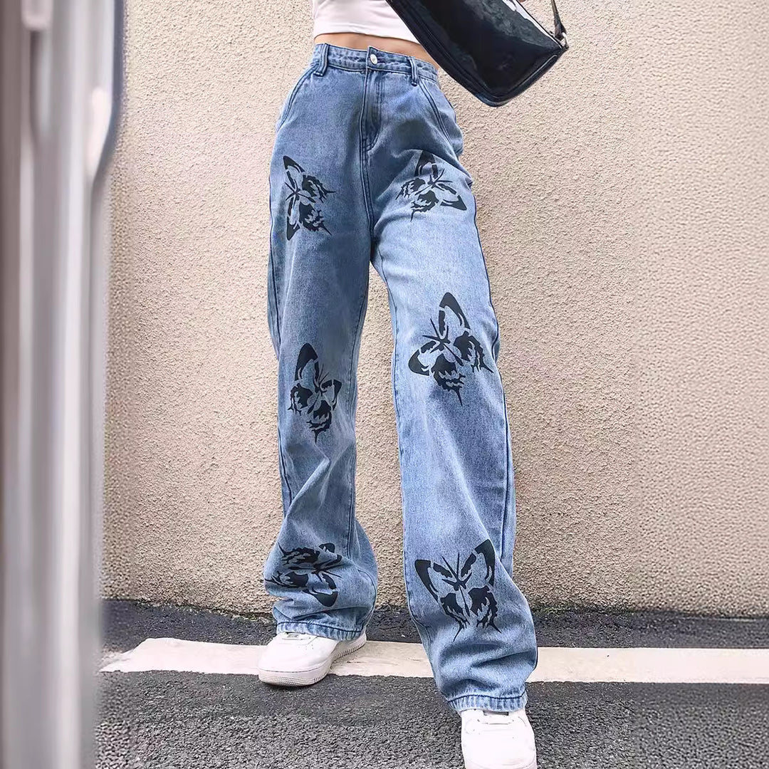 Ladies wide High-Waist jeans with Gothic butterfly print and relaxed straight-leg Mune Fashion