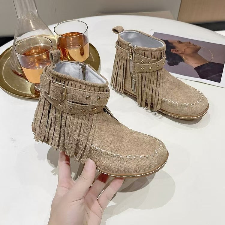 Women's Fransen-Moccasin-Ankle Boot with Decorative Strap, Buckle and Soft Rubber Sole Mune Fashion